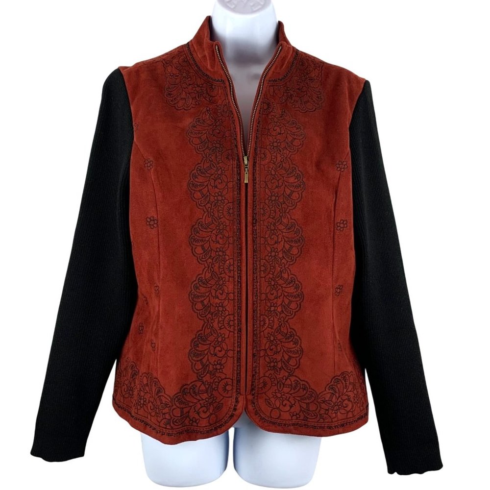 Coldwater Creek Rust Faux Suede/Knit Jacket Black Embroidered Beads Womens SZ L
